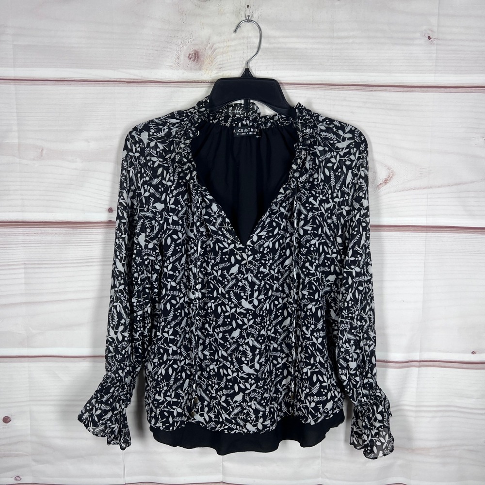 Alice & Trixie Blouse Women Small Black Bird Floral Silk Long Sleeve Ruffle Cuff